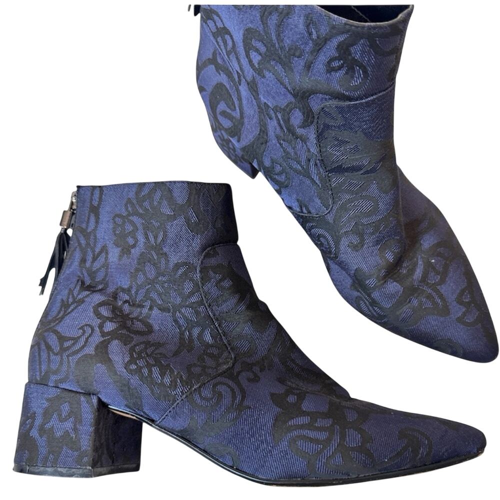 Karl Lagerfeld Blue Black Floral Fabric Ankle Boots Women’s 6.5 Fall Heeled Boot - Picture 2 of 10